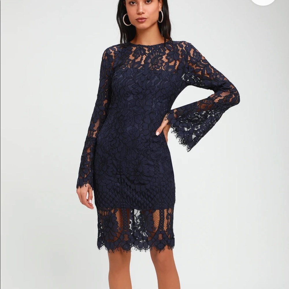 NWT Lulus Navy Blue Lace Long Sleeve Midi Dress